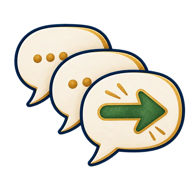 Three aligned conversation bubbles with a green arrow showing shared direction.