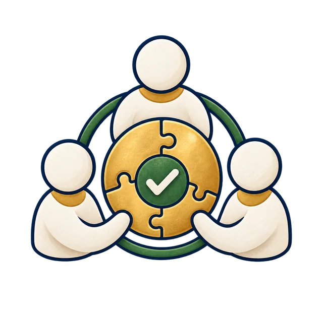Three people collaborating around a shared gold puzzle piece with a green check mark.