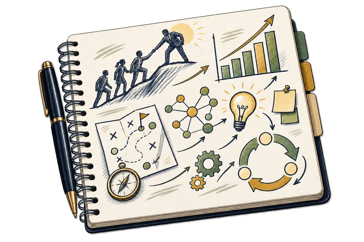 Notebook illustration showing practical thinking across leadership, growth, strategy, and organizational change