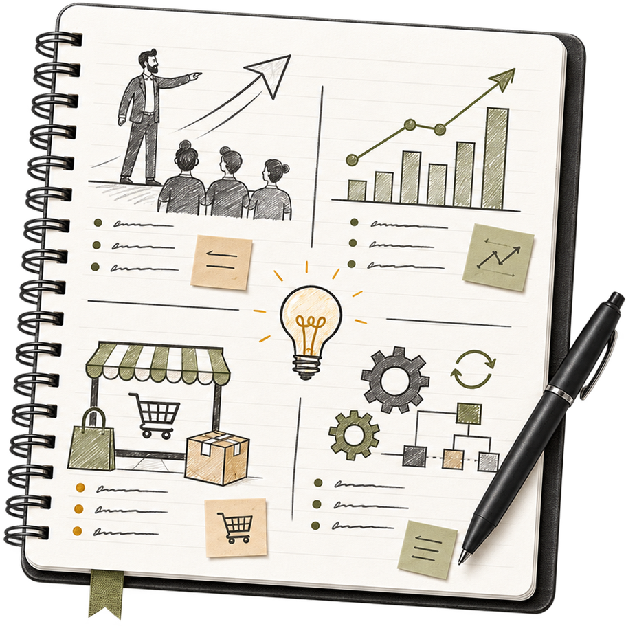 A notebook illustration with leadership, growth, commerce, strategy, and operations sketches
