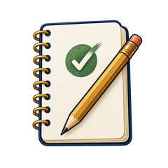 Apprentice icon showing an ivory practice notebook with a gold pencil and green check mark.