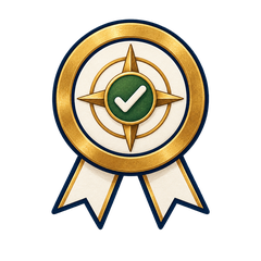 Expert icon showing a gold certification medallion with a compass and check mark.