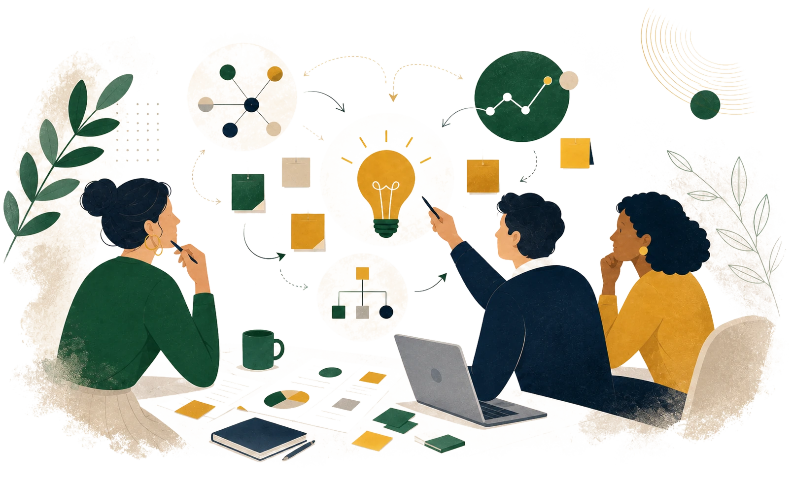 Flat illustration of coworkers sharing ideas around a lightbulb and workplace diagrams with an organic transparent edge