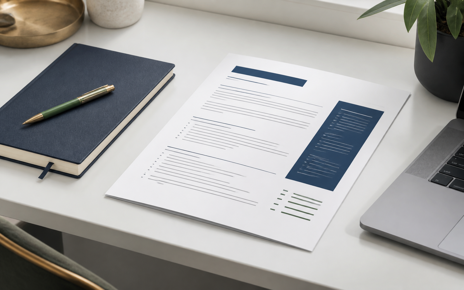 A clean desk with a professional resume, notebook, pen, and laptop arranged for review