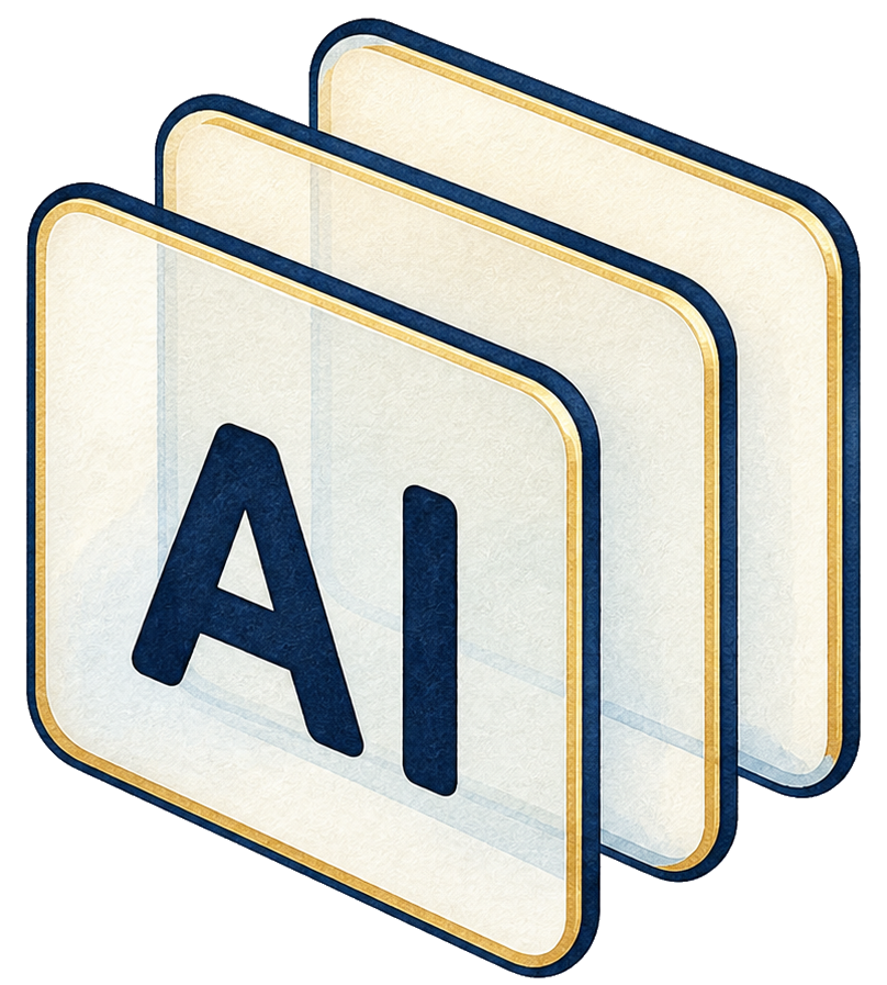 Layered glass panes marked AI, representing discoverability and verification.