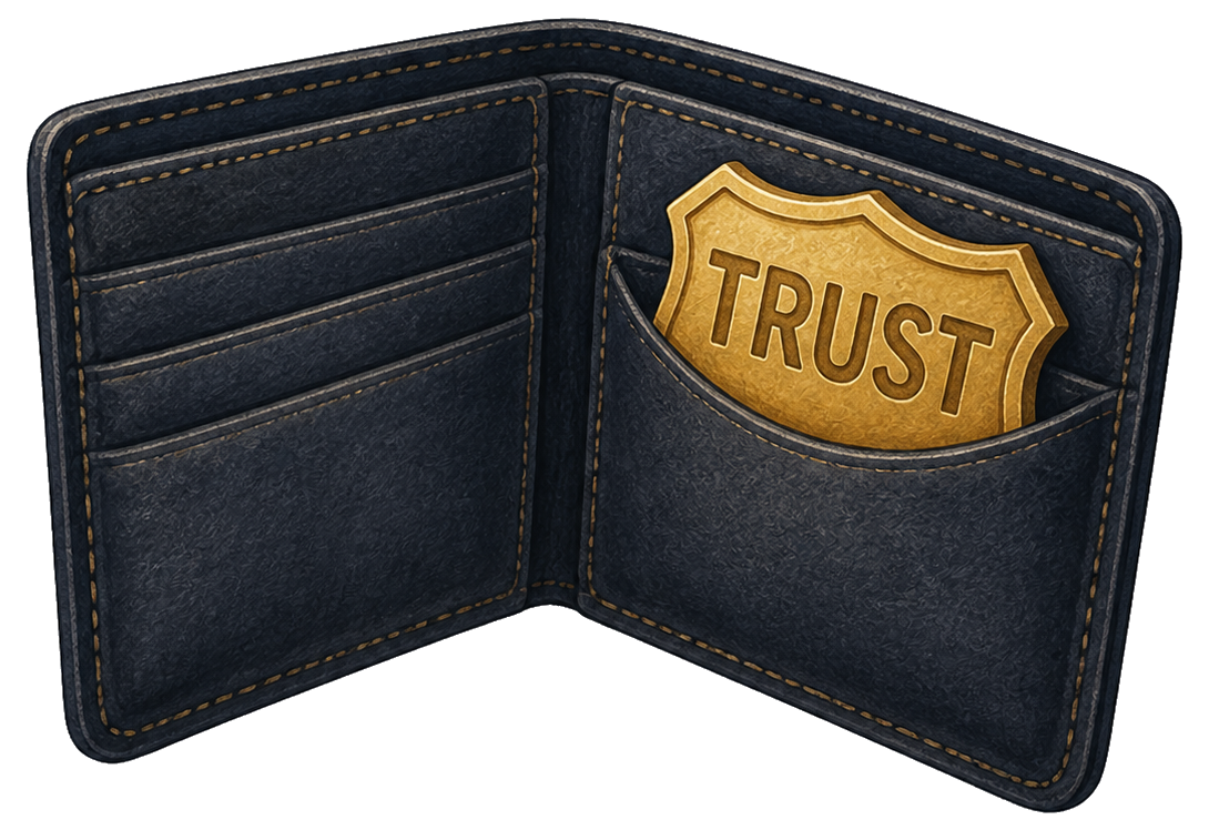 An open dark leather wallet with a gold trust badge tucked inside.