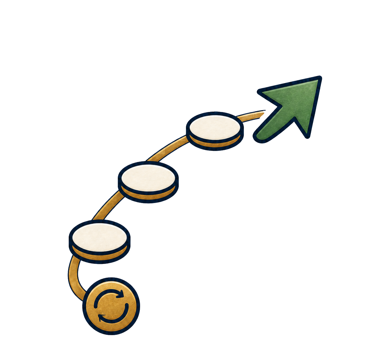 A curved path with steady checkpoints moving toward a green forward arrow.