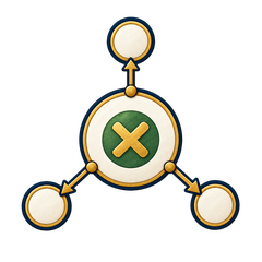 Multiplier icon showing a central hub branching value to three connected nodes.
