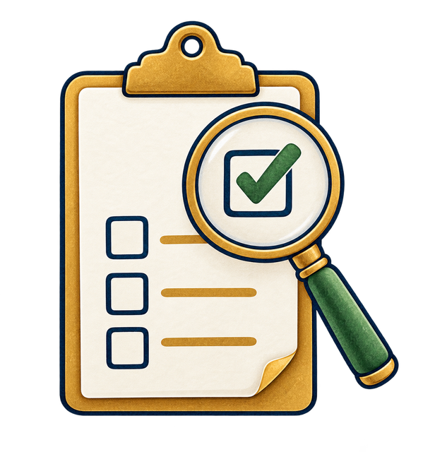 A clipboard checklist with a magnifying glass and a green check mark, representing a practical audit.