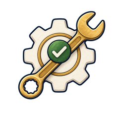 Technician icon showing a gold wrench over an ivory gear with a green check mark.