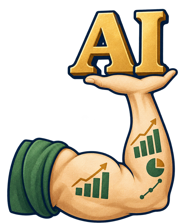 A strong arm with analytics marks holding up the letters AI.