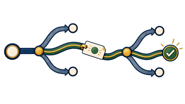 A context card traveling with the selected path toward a decision check mark.