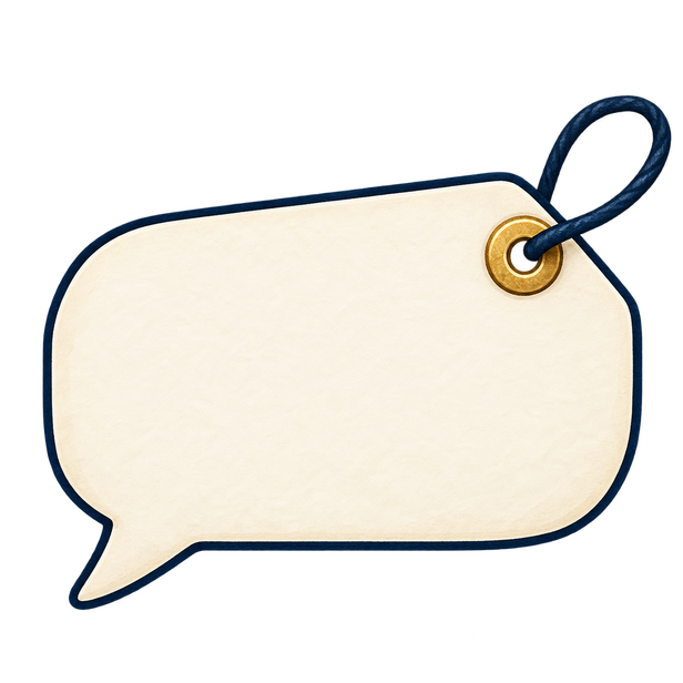 An ivory speech bubble shaped as a price tag.