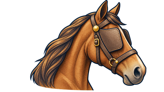 A calm horse wearing blinders, representing restricted visibility before automation.
