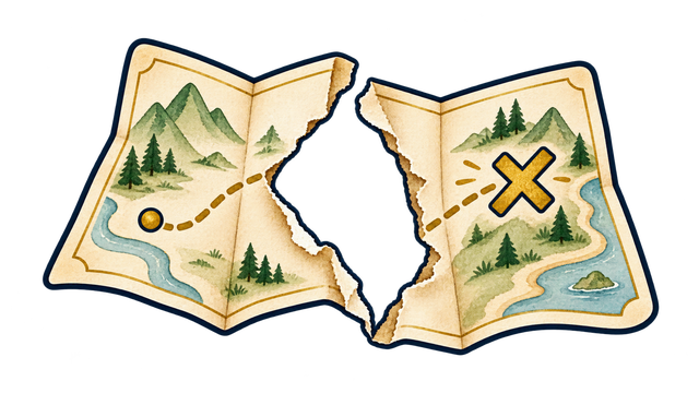 A treasure map with a torn-out center interrupting the route to the marked destination.