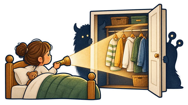 A child shining a flashlight into a closet, revealing clothes while gentle unlit shapes remain outside the beam.