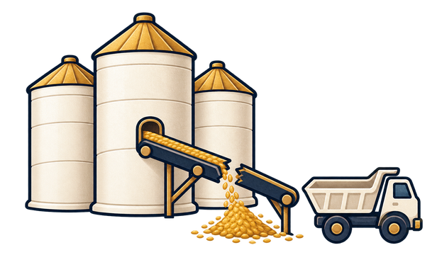 Grain spilling from a broken conveyor before reaching a truck.