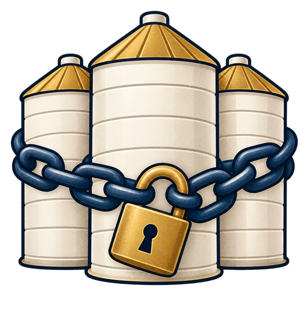 Three silos wrapped in a chain and padlock.