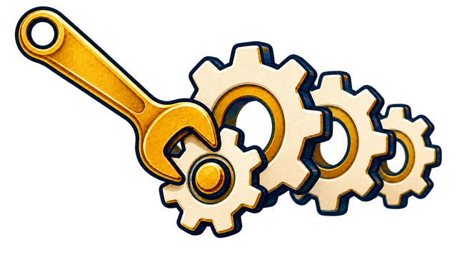 A gold wrench testing a small gear before engaging a larger set of gears.