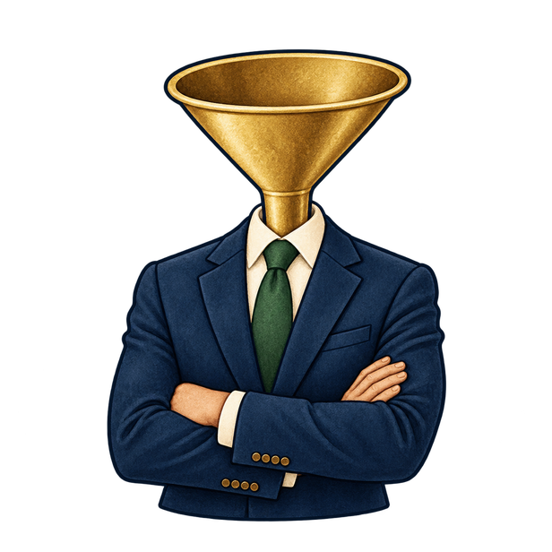 A businessman with a funnel for a head and arms crossed defensively.