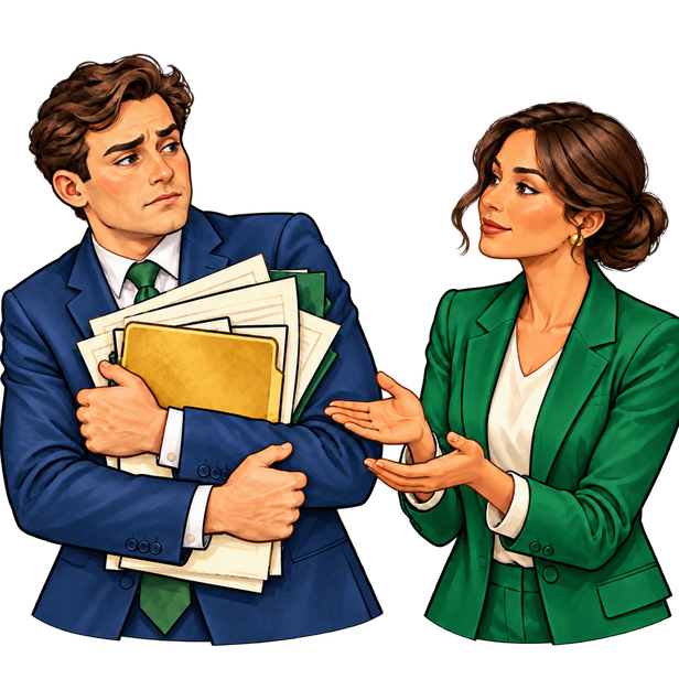 A leader clutching a stack of work while an employee reaches out to take some.