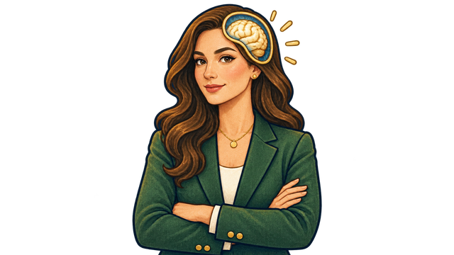 A confident professional with a non-gory brain cutaway, representing knowledge becoming useful behavior.