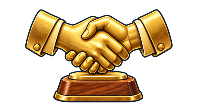 A gold handshake mounted on a wood trophy base, representing trust.
