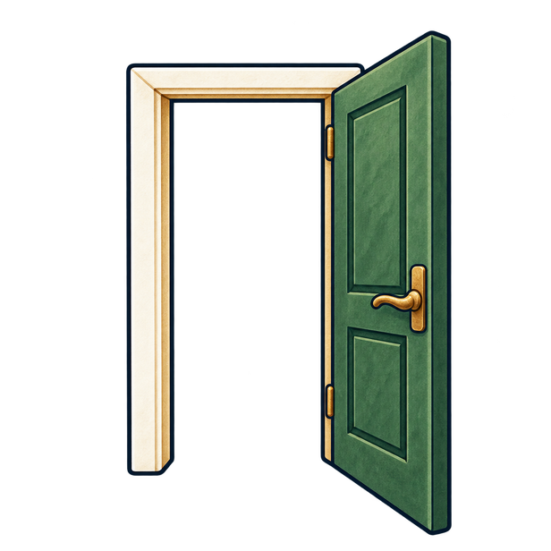 An open green door in an ivory frame.