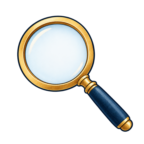 A magnifying glass with a navy handle and gold rim.