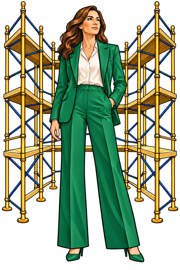 A businesswoman standing independently within open scaffolding around her sides and back.