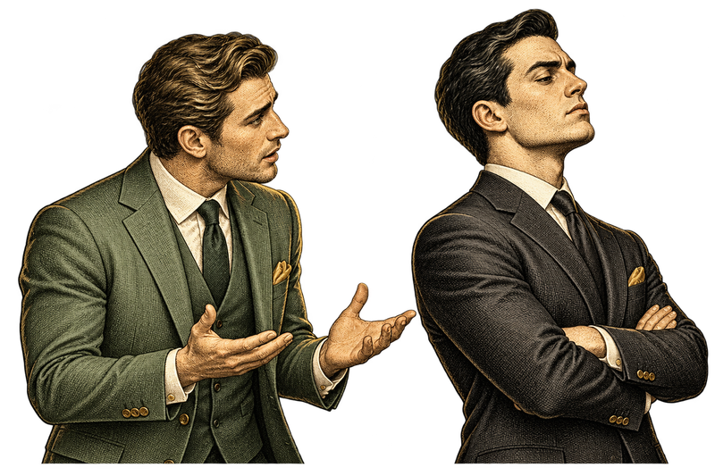 One man explains while another turns his back with folded arms.