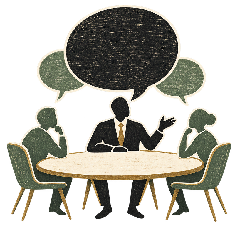 A leader’s large speech bubble overwhelms others at a meeting.