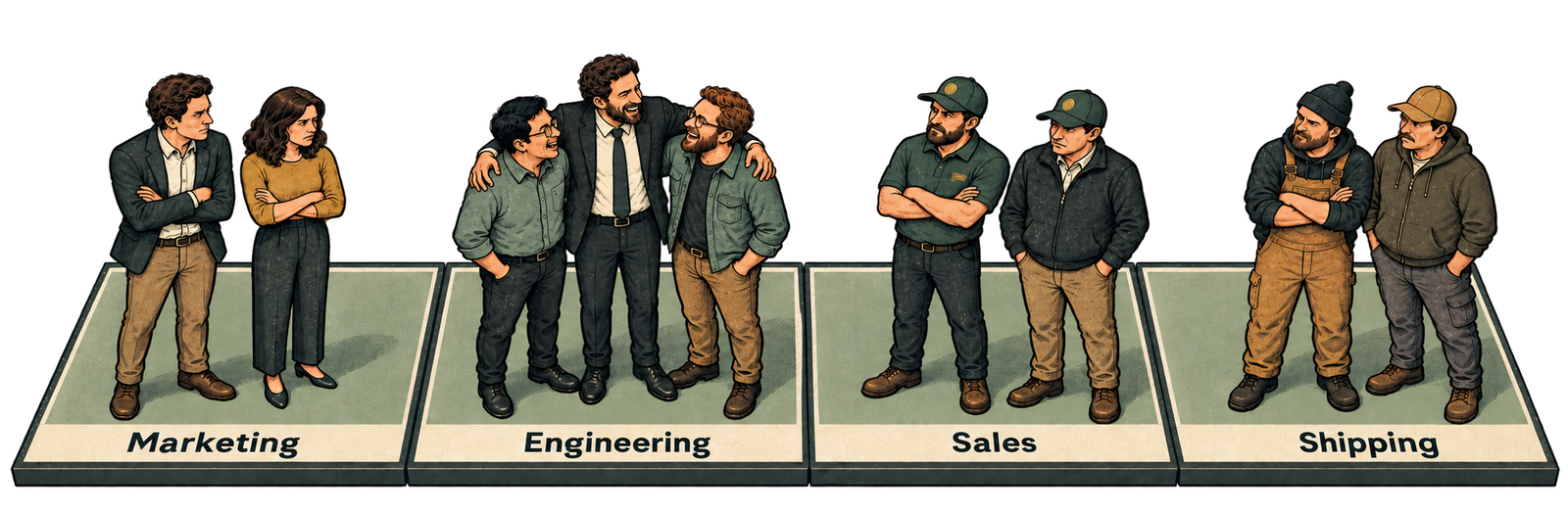 A suited leader embraces Engineering while Marketing, Sales, and Shipping look on.