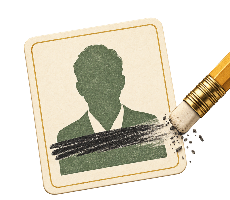 A crossed-out employee portrait being erased, suggesting a judgment can change.